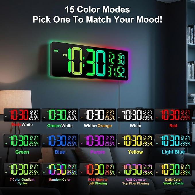17.3"Large Digital Wall Clock 15 Color Modes Display 8 Color Night Light | Large Number, Elderly-Friendly, Auto-Dimming/DST, Wall Mounted for Home Garage Gym Classroom Office,Gift for Senior Mom Dad