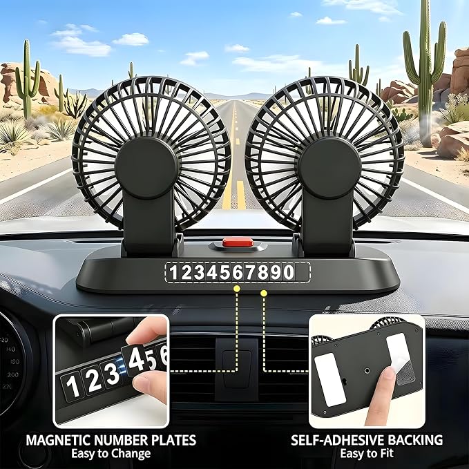 Dual Head 5V Car Fan for SUV Truck RV with No AC,Adjustable Car Cool Fan, Dual Head Design, 2-speed Adjustable, 360° Rotating Portable Car Fan,Powered by USB