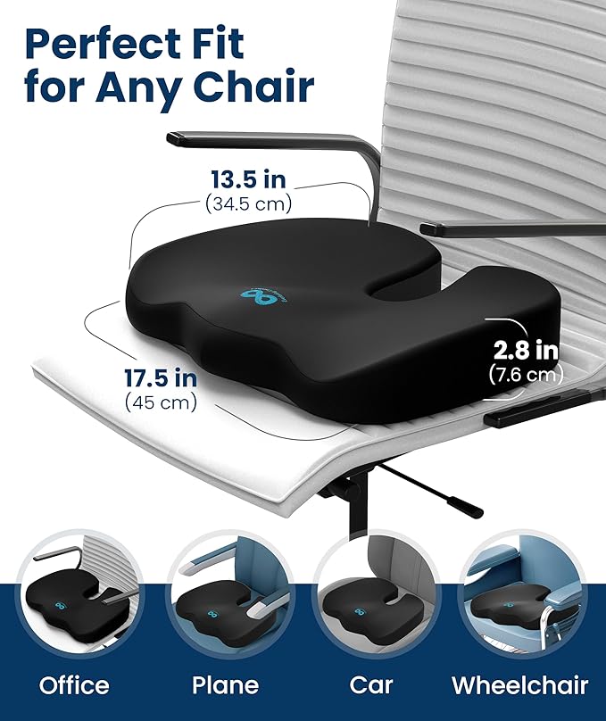 Everlasting Comfort Doctor Recommended Memory Foam Seat Cushion for Office Chairs & Car - Ergonomic Office Desk Accessories - Cushions for Tailbone Pain Relief, Sciatica (Black Cooling, Large)