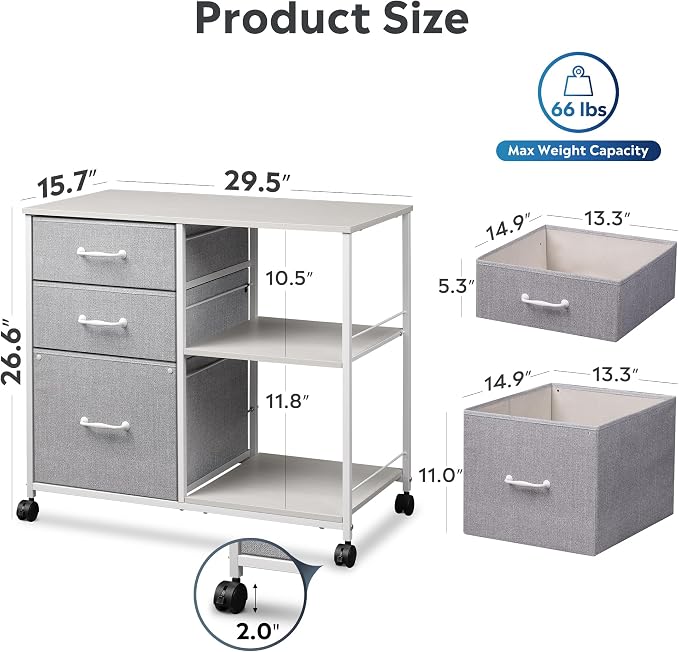 DEVAISE 3 Drawer Mobile File Cabinet with Open Storage Shelf | Rolling Printer Stand, Fabric Lateral Filing Cabinet fits A4 or Letter Size for Home Office, Light Grey