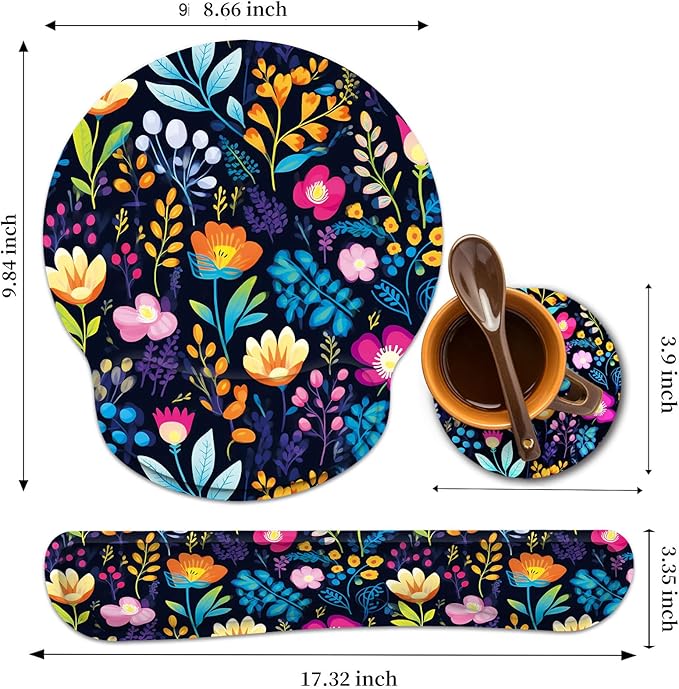 Keyboard Wrist Rest and Mouse Wrist Rest Pad with Cup Coaster,Made of Memory Foam,Ergonomic Support,Easy-Typing and Pain Relief,for Gaming Office Home Computer,Blooming Flower