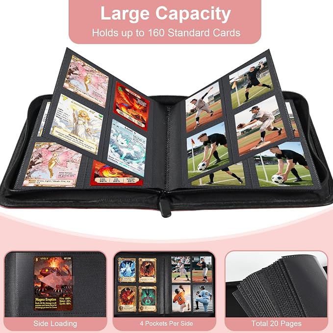 BYSTER 4 Pocket Card Binder, Premium PU Trading Card Binder with Zipper, 160 Capacity Side-Loading Binder for TCG, MTG, Sports Cards, Game Cards, Pink