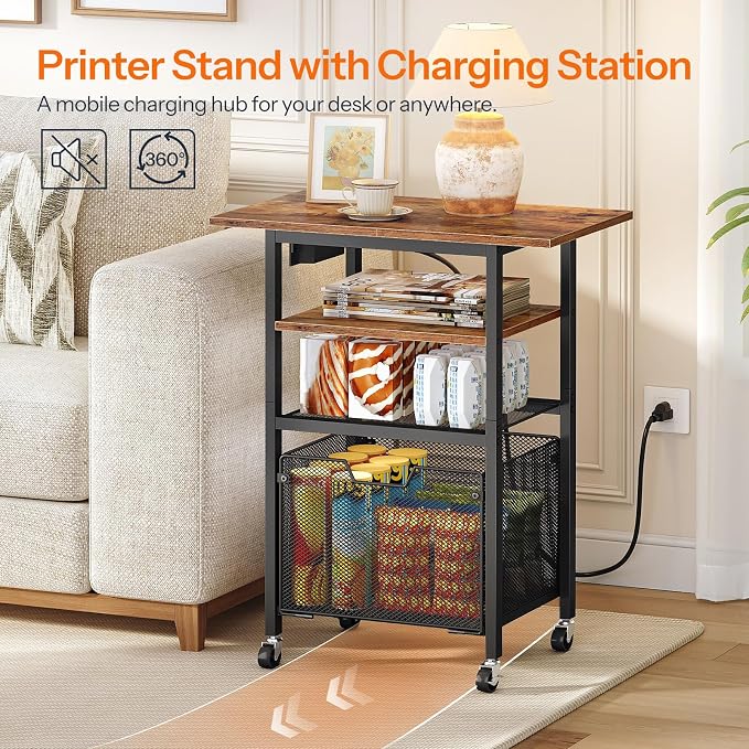HOOBRO Printer Stand with Hanging File Drawer, Rolling Printer Cart on Wheels, Mobile Filing Cabinet Storage Shelf, Home Office Desk Side Organizer, Rustic Brown and Black BF17UPS01