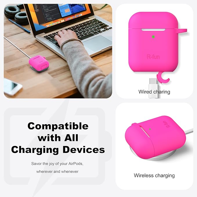 for AirPods 1/2 Case, Soft Silicone Protective Cover with Keychain and Cleaning Pen, Compatible with AirPods 2nd/1st Generation (2016/2019), Full Drop Protection Cover, Rose Pink