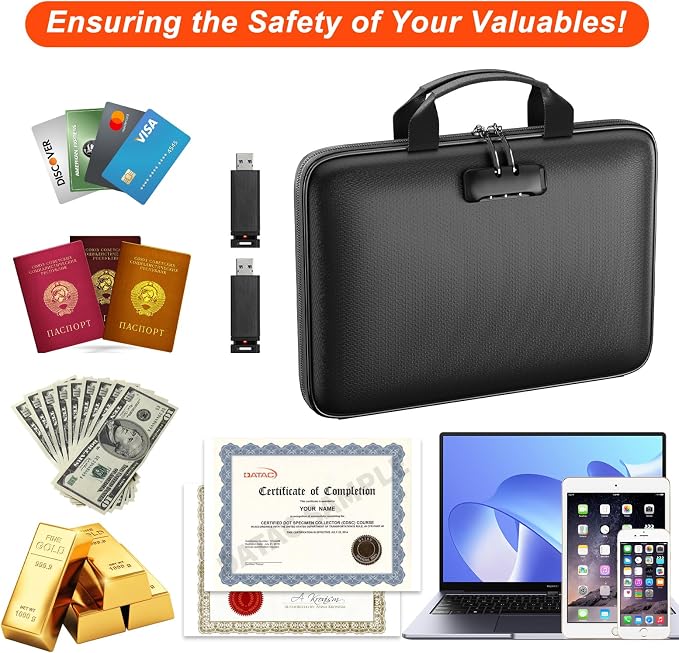 Fireproof File Organizer with Lock, Hard-Shell Document Box, Black | Water Resistant, 13-Pocket Expanding Folder, Portable Safe Storage for Letter Legal Files, Laptop, Valuables, Large Capacity