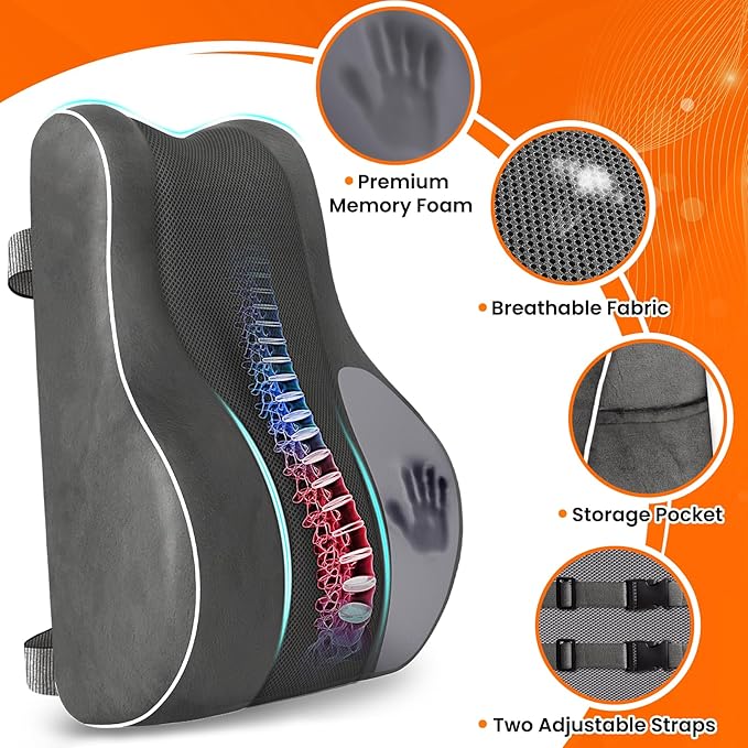 CloudBliss Lumbar Support Pillow, Memory Foam for Office Chair, Gray | Ergonomic High-Density Memory Foam, Adjustable Straps, Washable Mesh Cover, Lower Back Support for Office, Gaming & Car Seat
