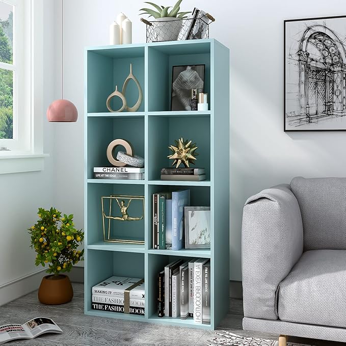 OSCHF 8-Cube Storage Shelf Bookcase - Wooden 4-Tier Floor Standing Open Bookshelf, Modern TV Stand up to 55 Inchs for Home and Office, Light Blue