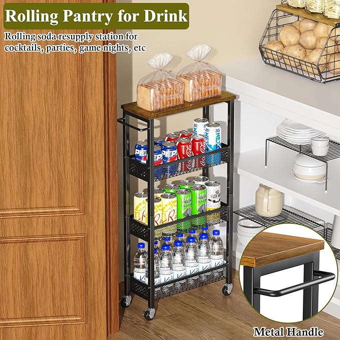 OKZEST 4-Tier Slim Rolling Storage Cart for Kitchen, Laundry Room, Bathroom | Upgraded metal hub casters, Narrow utility cart for small space/gaps, Premium wood top & metal mesh shelf, with handle & hook