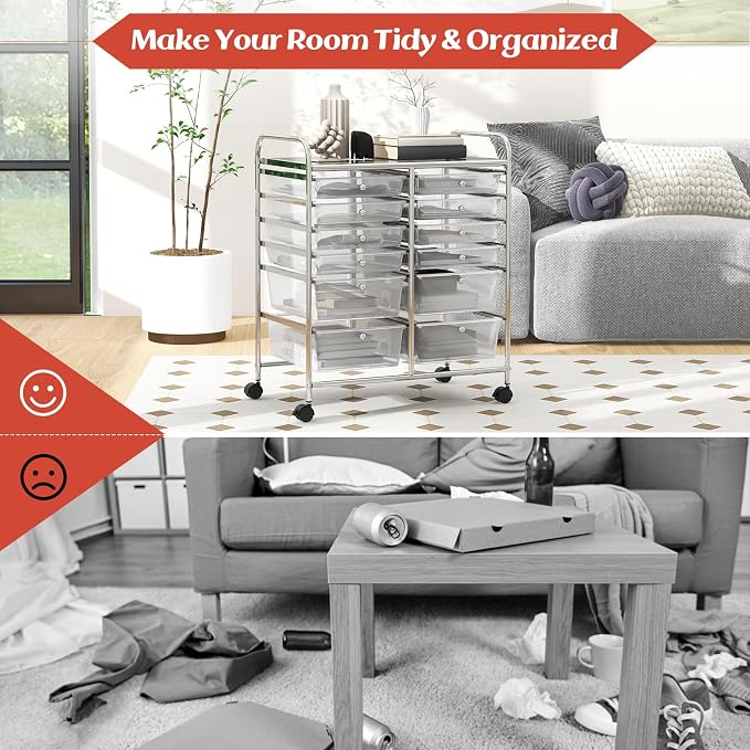 BECOMFORT 12-Drawer Rolling Cart with Drawers, Storage Cart on Wheels, Teacher Classroom Organizers with Metal Frame, Mobile Craft Cart, Trolley Utility Cart for School Office Play Room