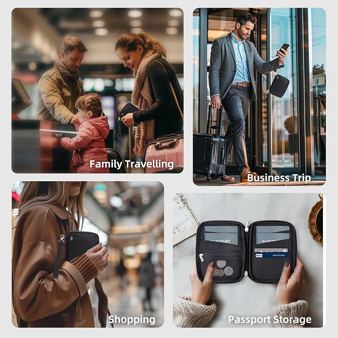 WALNEW Passport Holder Family for 4, RFID Blocking Travel Wallet Women Men, Lightweight Zipper Document Organizer Pouch Bag Credit Cards Case Cover for Travelling, Black | Holds up to 4 Passports, Removable Wrist Strap，Lightweight Zipper Document Organ...