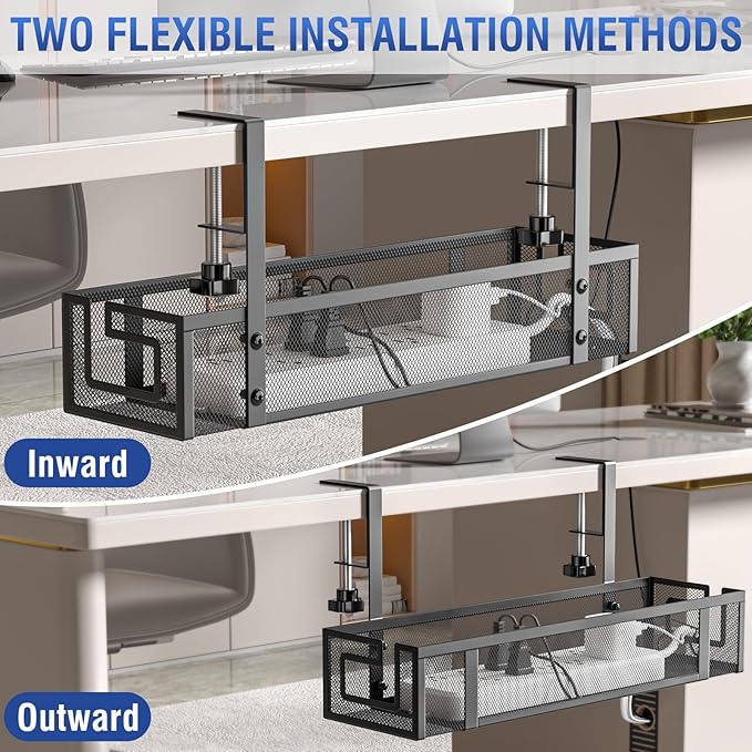 Cable Management, 15.75" Under Desk Cable Management Tray No Drill | Heavy Duty Metal Cord Organizer, Under Desk Wire Management for Gaming/Standing Desk, Clamp for Home Office, 2 Pack, Black
