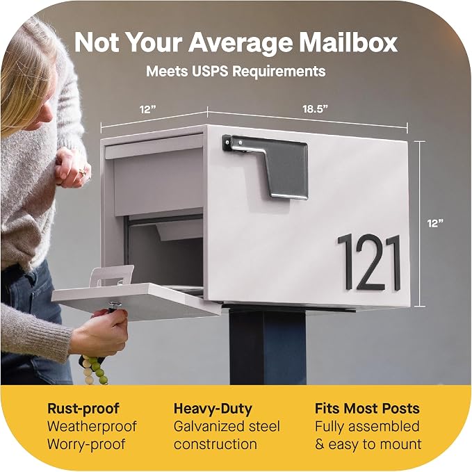 Adoorn Lockable Post Mount Mailboxes for Outside - Small Anti-Theft Locking Mailbox for Packages and Letters - Weatherproof Construction - Durable Steel - 12" H x 12" W x 18.5" D - Sandstone