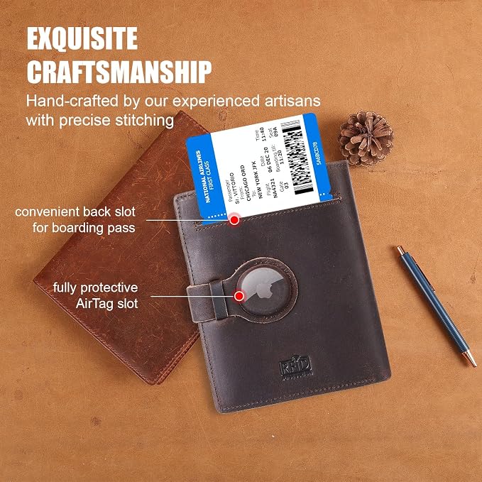 Vitus Full Grain Leather Passport Wallet, Travel Document Organizer with RFID Blocking, Dual Passport Slots, Multiple Card Holders, AirTag Compatible, a 60-Page Travel Notebook & Pen Included
