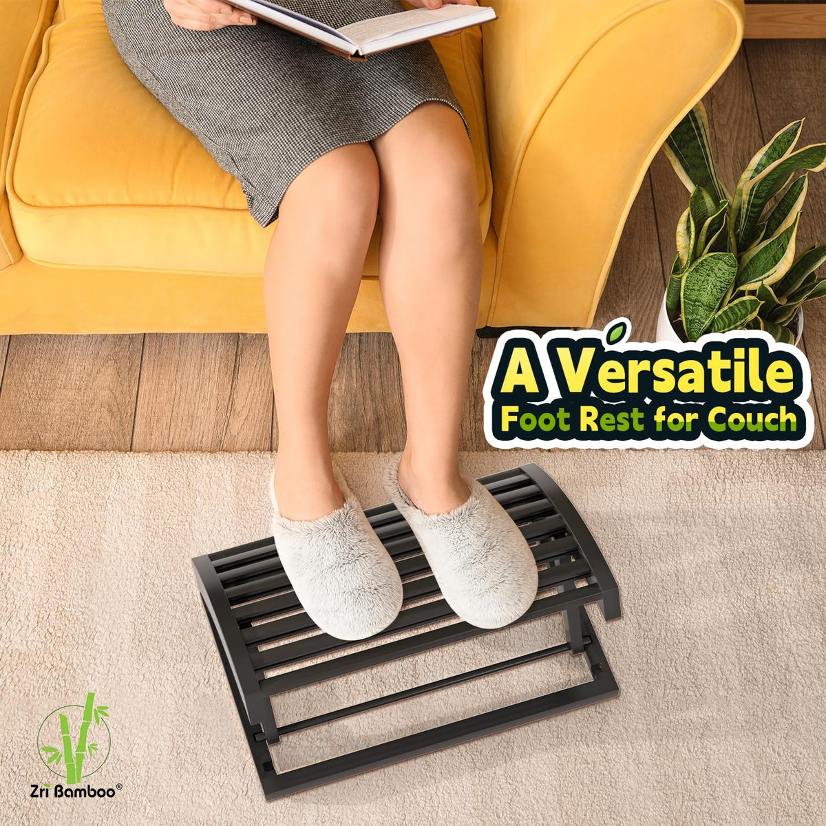 Foot Rest for Under Desk at Work - Adjustable Black Bamboo Footrest for Office and Couch