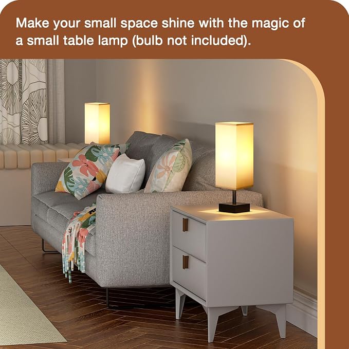 aooshine Small Bedside Table Lamp for Bedroom - Square Grey Fabric Shade | Inline Rocker Switch, Corded Electric, Bulb Not Included, 12.8" Mini Table Lamp for Nightstand, Desk, Dorm, Office