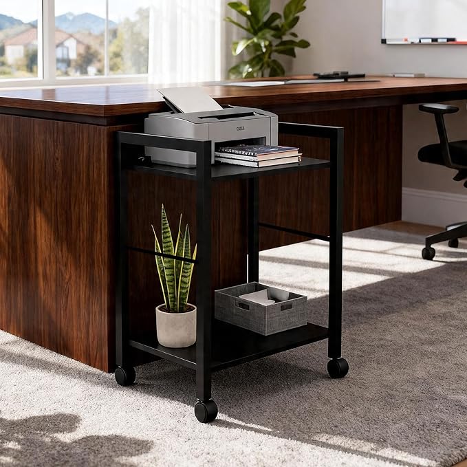 Small Rolling Printer Stand, 2-Tier Mobile Cart with Shelf for Home Office | Roll it beside your desk for printers, beside your sofa for coffee, or beside your bed for books. One cart, every room.