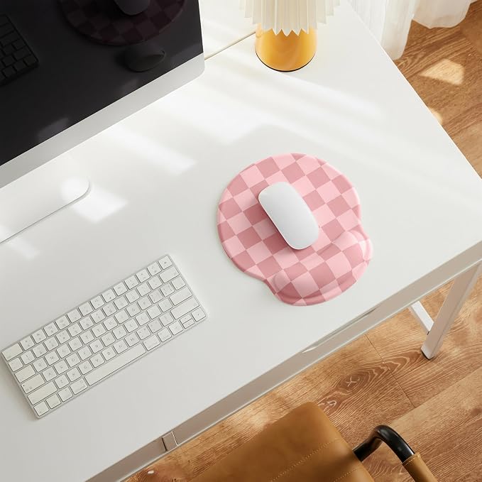 Ohocut Coral Pink Checkered Mouse Pad with Gel Wrist Rest, Wrist Support, Ergonomic Desk Accessories for Women, Office Laptop Gaming Decor, Cute Aesthetic Check Design