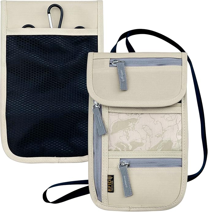 Travel Neck Wallet, RFID Blocking Passport Holder with Adjustable Neck Strap for Men and Women to Keep Cash, Credit Cards and Travel Documents Safe - Beige