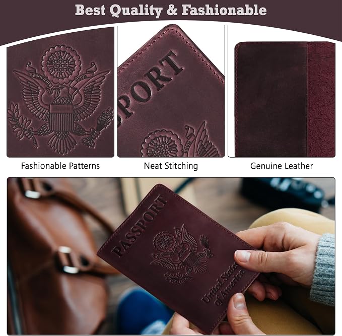 US Leather Passport Book Cover - Thin American Travel Passport Holder - Premium International USA Passport Protector Case for Women Men (Maroon Vintage)