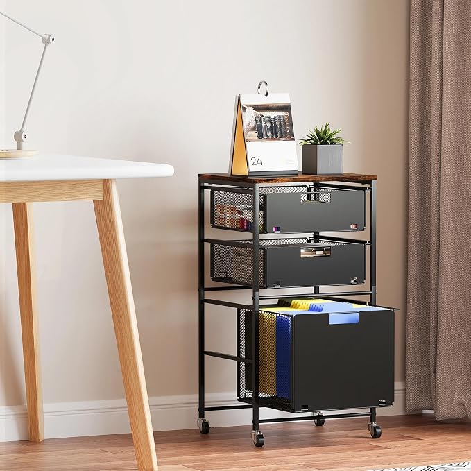 EasyPAG Rolling Storage Cart with 3 Drawers, Under Desk File Cabinet on Lockable Wheels, Movable Letter Size Hanging File Folder Organizer with Wooden Printer Stand for Home Office, Black