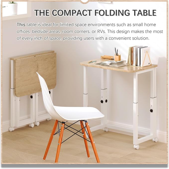 4NM No Tool Assembly 23.6" Small Desk, Folding Portable Desk with Wheels, Adjustable Height Foldable Computer Home Office Desks, Collapsible Study Writing Table for Space Saving Bedroom - Cloud Oak