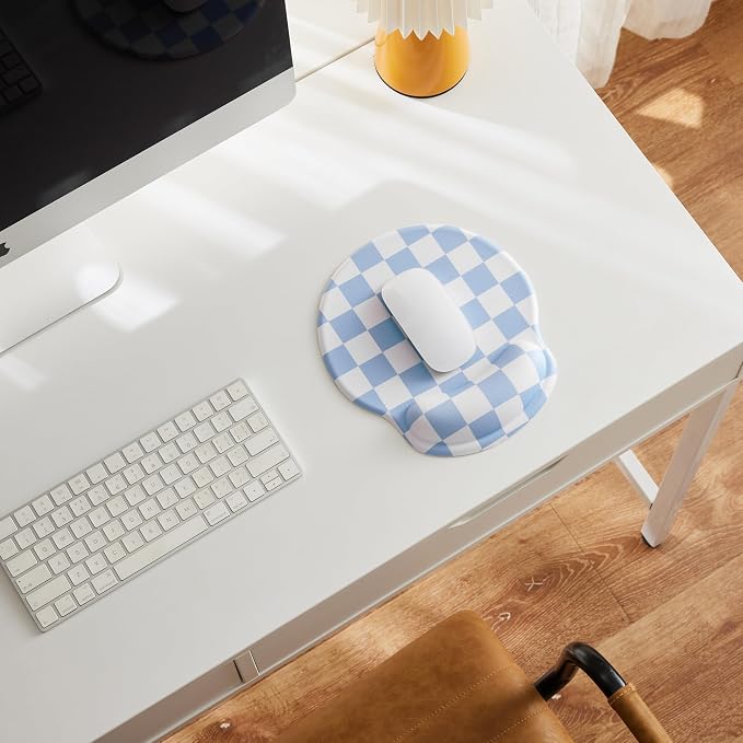 Ohocut Blue Checkered Mouse Pad with Gel Wrist Rest, Wrist Support, Ergonomic Desk Accessories for Women, Office Laptop Gaming Decor, Cute Aesthetic Trendy Check Design