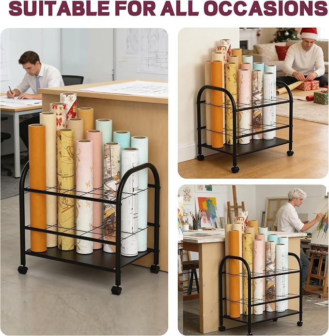 Blueprint Storage Holder with Wheels – 20-Slot Metal Roll File Rack with Silent Casters & Brakes for Blueprints, Wrapping Paper, Posters, Maps – Mobile File Cart for Office & Home (Black)