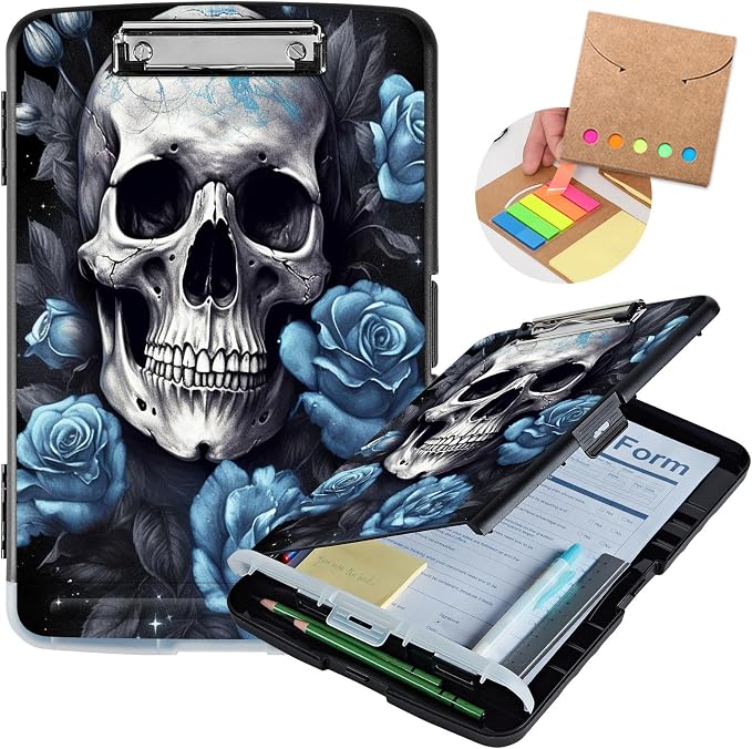 Clipboard with Storage,Heavy Duty Plastic Storage Clipboard with Low Profile Clip,Teacher Must Haves,Office Supplies,Blue Skull Rose Flower