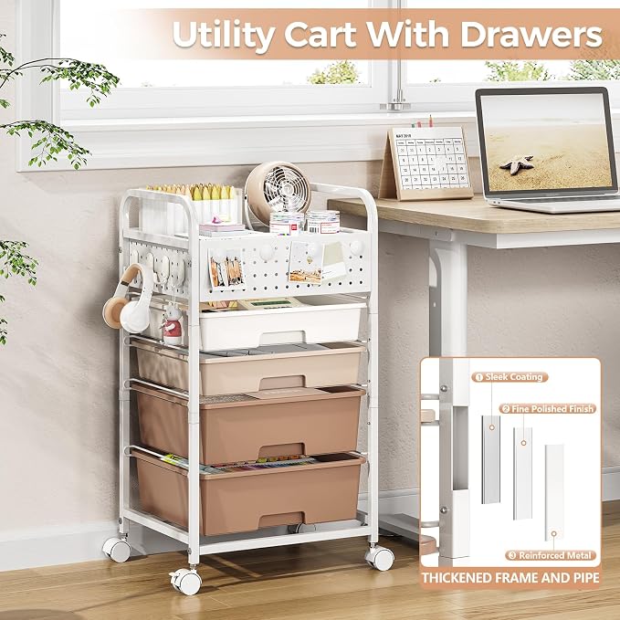 4 Drawer Rolling Storage Cart with Pegboard Top and Hooks, Brown | Mobile Organizer Cart with Wheels for Office Supplies, Craft Storage, Classroom Organization, Home Utility Cart