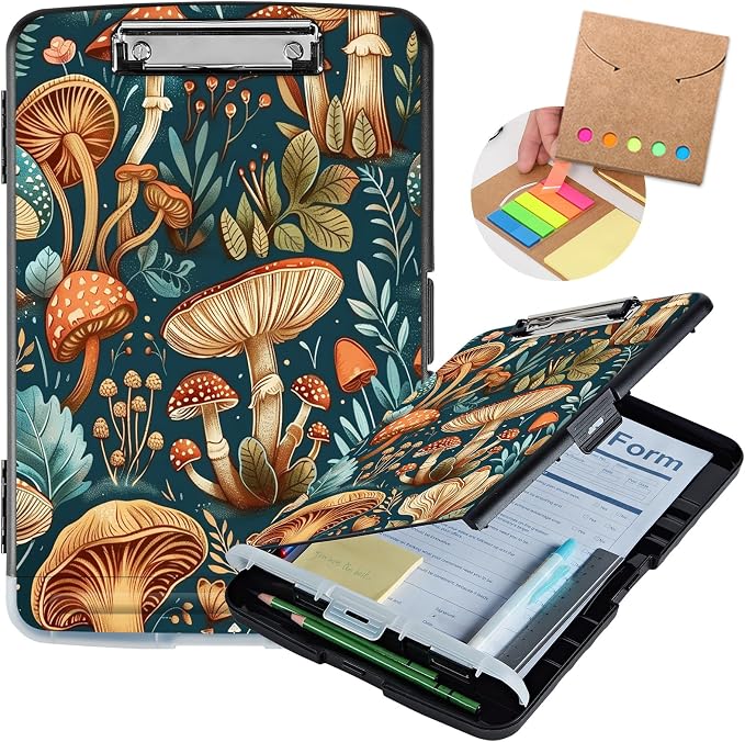 Clipboard with Storage,Storage Clipboard with Pen Holder,Heavy Duty Plastic Storage Clipboard with Low Profile Clip,Teacher Must Haves,Clipboard Folder,Office Supplies,Mushroom -1354
