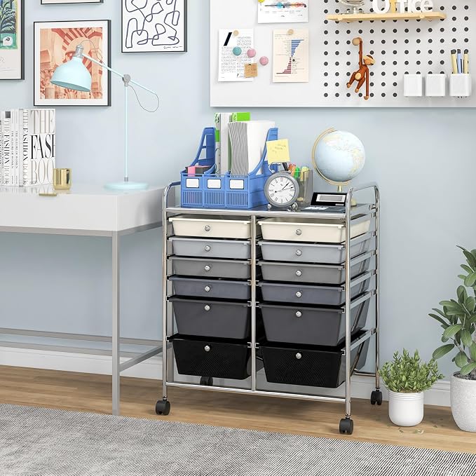 BECOMFORT 12-Drawer Rolling Cart with Drawers, Storage Cart on Wheels, Teacher Classroom Organizers with Metal Frame, Mobile Craft Cart, Trolley Utility Cart for School Office Play Room