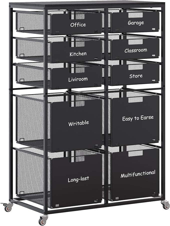 EasyPAG Rolling Storage Cart With 10 Drawers, Metal Craft Organizers with Wood Tabletop for Home, Letter/Legal Size Rolling File Cart for Office, Classroo and Dorm, Black
