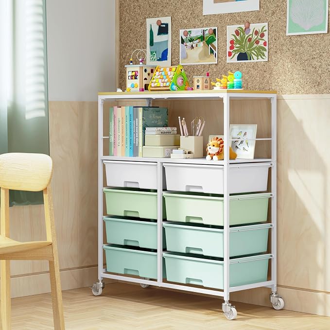 Rolling Storage Cart with 8 Large Drawers, Wooden Tabletop | Open Storage Shelves, Mobile Craft Organizer with Lockable Wheels for Home, Classroom, Office Supplies & Art Studio,Green