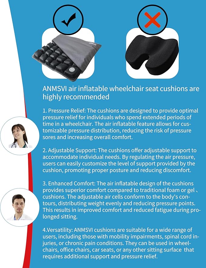 Inflatable Seat Cushion for Car, Office and Wheelchair, Adjustable Firmness, Ergonomic Support for Lower Back and Tailbone, 18x16x2.1 inches, Grey Cover