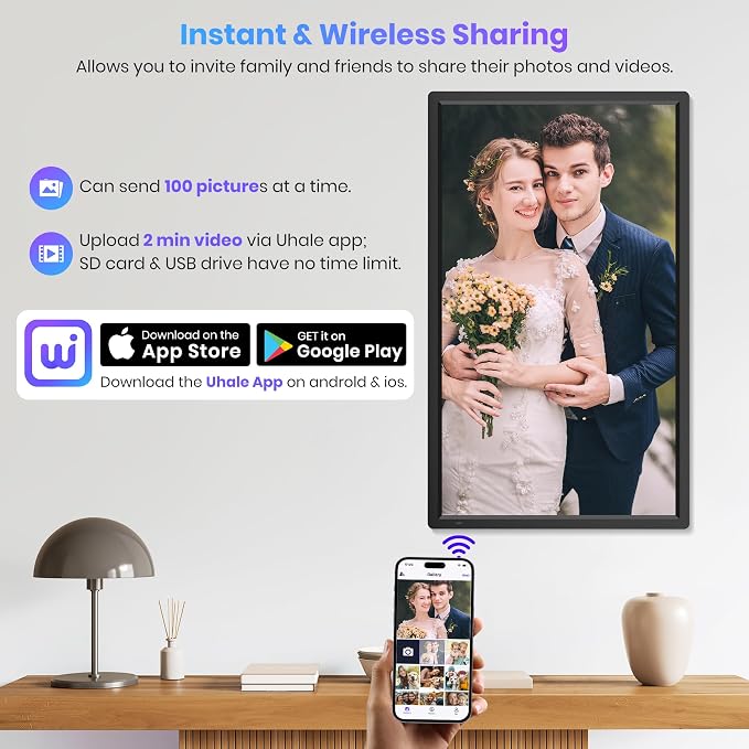 64GB 32" Large Digital Picture Frame, Uhale WiFi Electronic Photo Frames with 1920 x 1080 FHD IPS Screen, Support Auto-Rotate Wall Mounted SD&USB Card, Share Photos/Videos from Phone Instantly