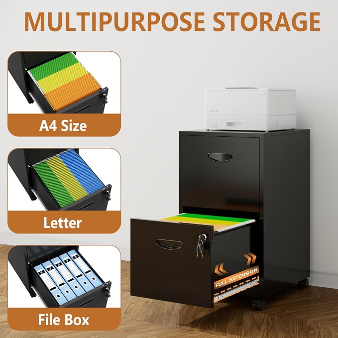 Polup 2 Drawer Rolling File Cabinet with Lock for Home Office | Metal Mobile Filing Cabinet on Wheels, Small Under Desk Storage, Fits Hanging Letter Size, Printer Stand, Black