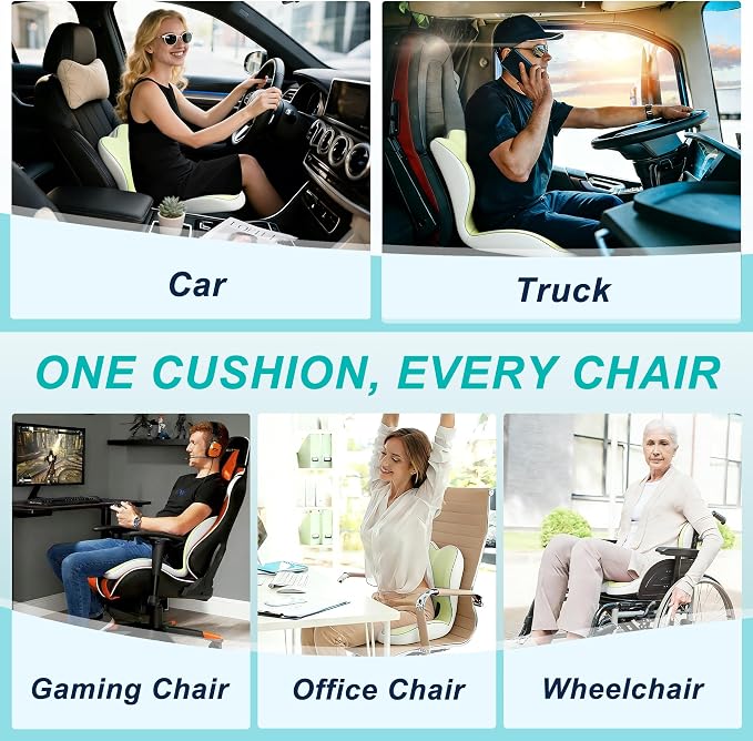 Seat Cushion for Office Chair and Car, Lumbar Support Pillow for Office Chair, Memory Foam Ergonomic Seat Cushion for Long Sitting, Back & Tailbone Pain, Sciatica - Green & Gray