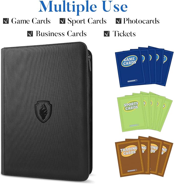 Premium Zip Card Binder, Fabmaker 9 Pocket Trading Card Binder, PU Cover Zipper Card Collection Album, Sturdy 360 Side-Loading Card Folder Holder for Game & Sports Cards, Royal Blue