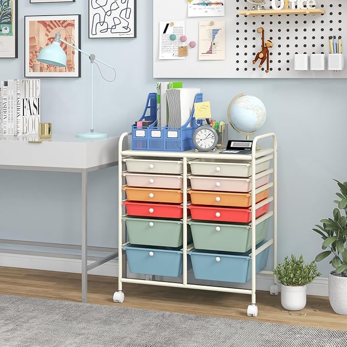 COSTWAY 12-Drawer Rolling Storage Cart, Moveable Art Craft Organizer | Lockable Wheels, Metal Shelf, Files Arrangement Tools Makeup Storage Cart for Office, Home, School (Macaron)