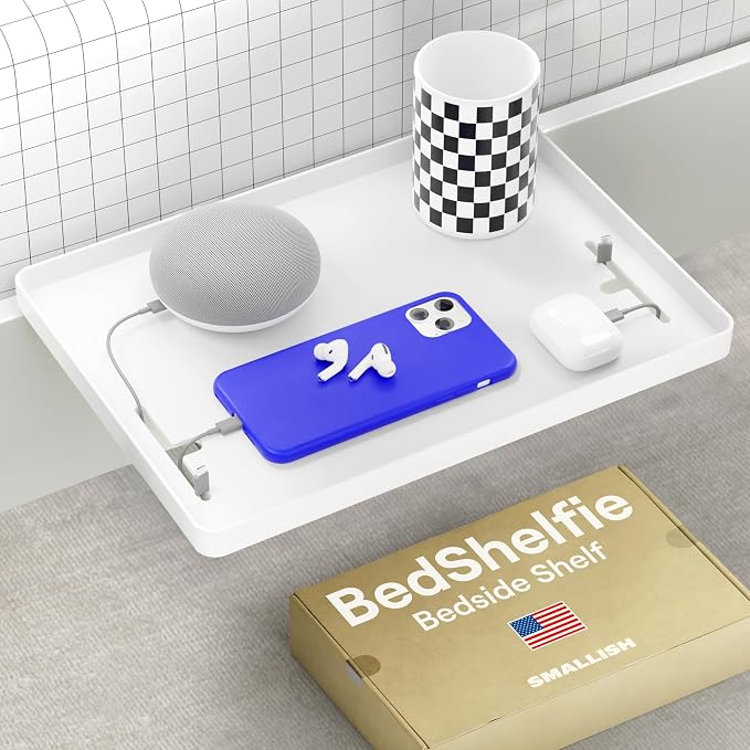 BedShelfie Bedside Shelf for Dorm Room - Cable Catch, White | Bunk Bed & Top Bunk, College Dorm Room Essentials, Bedside Caddy, Clip on Floating Desk Tray, Bed Side Table, Loft Nightstand