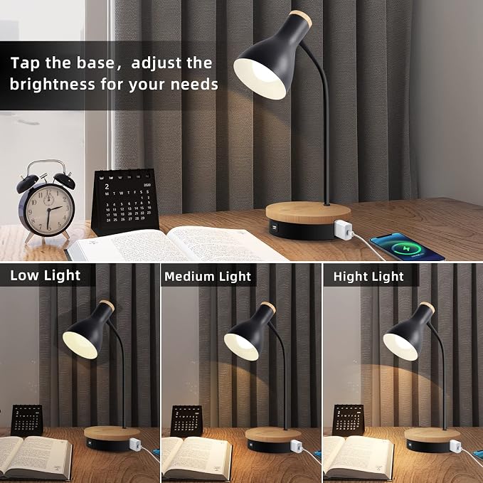 LALISU Metal Desk Lamp Wireless Charging Table Lamp Touch Reading Lights Arc Desk Lamps for Bedroom, 3 Way Dimmable Bedside Lamp with USB Charging Ports Lamp for Study Room and Office (Black)