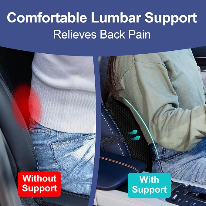 BYMECOST Lumbar Support Pillow for Car, Memory Foam Car Back Cushion | Car Seat Back Pillow for Driving, Adjustable Strap, Ergonomic Lower Back Support Pillow, Office Chairs and Wheelchairs