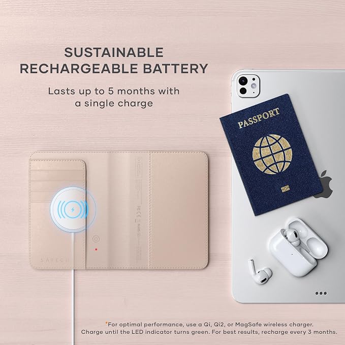 Satechi Passport Holder with Find My Tracking, Vegan Leather, Desert Rose | 4-slot card wallet, wireless charging, RFID protection, vegan leather