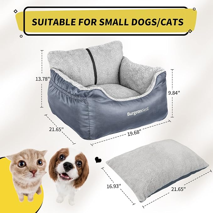 BurgeonNest Dog Car Seat for Small Dogs, Washable Soft Booster Seats for Small Pets Under 25 lbs, Portable Cat Carseat Travel Bed with Storage Pockets and Clip-On Leash, Grey