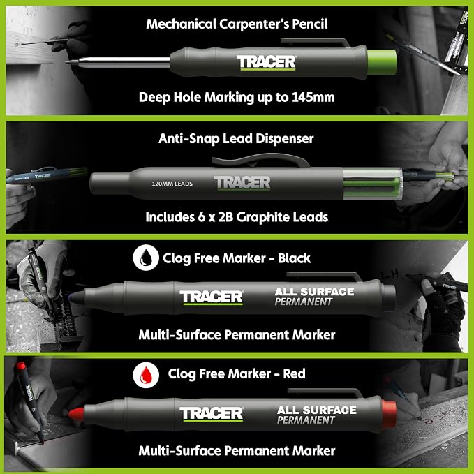 Tracer Marking Kit - Deep Hole Pencil, ALH1 Lead set and 2 Clog Free Markers with Holsters. Construction pencil & Marker set | Deep hole pencil with lead set, 2 clog-free markers in black and red, belt holsters included