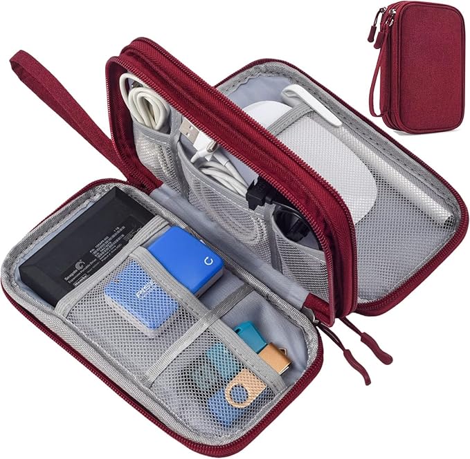 CAOODKDK Electronics Accessories Organizer Pouch Bag, Travel Universal Organizer for Cable, Charger, Phone, SD Card, Business Travel Gadget Bag (Wine Red)