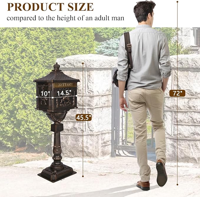 Mailbox, Heavy Duty Cast Aluminum Postal Box, Mail Box with 2 Keys for Courtyard Villa Decoration - Bronze