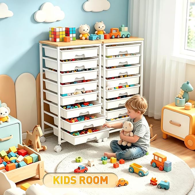 SUNALLY Rolling Cart With 8 Drawers,Storage Drawer Cart for Craft Art,White | Storage Utility Cart with Wooden Tabletop & 2 Lockable Wheels, Teacher Storage Cart for Classroom School Storage, Makeup,Nail