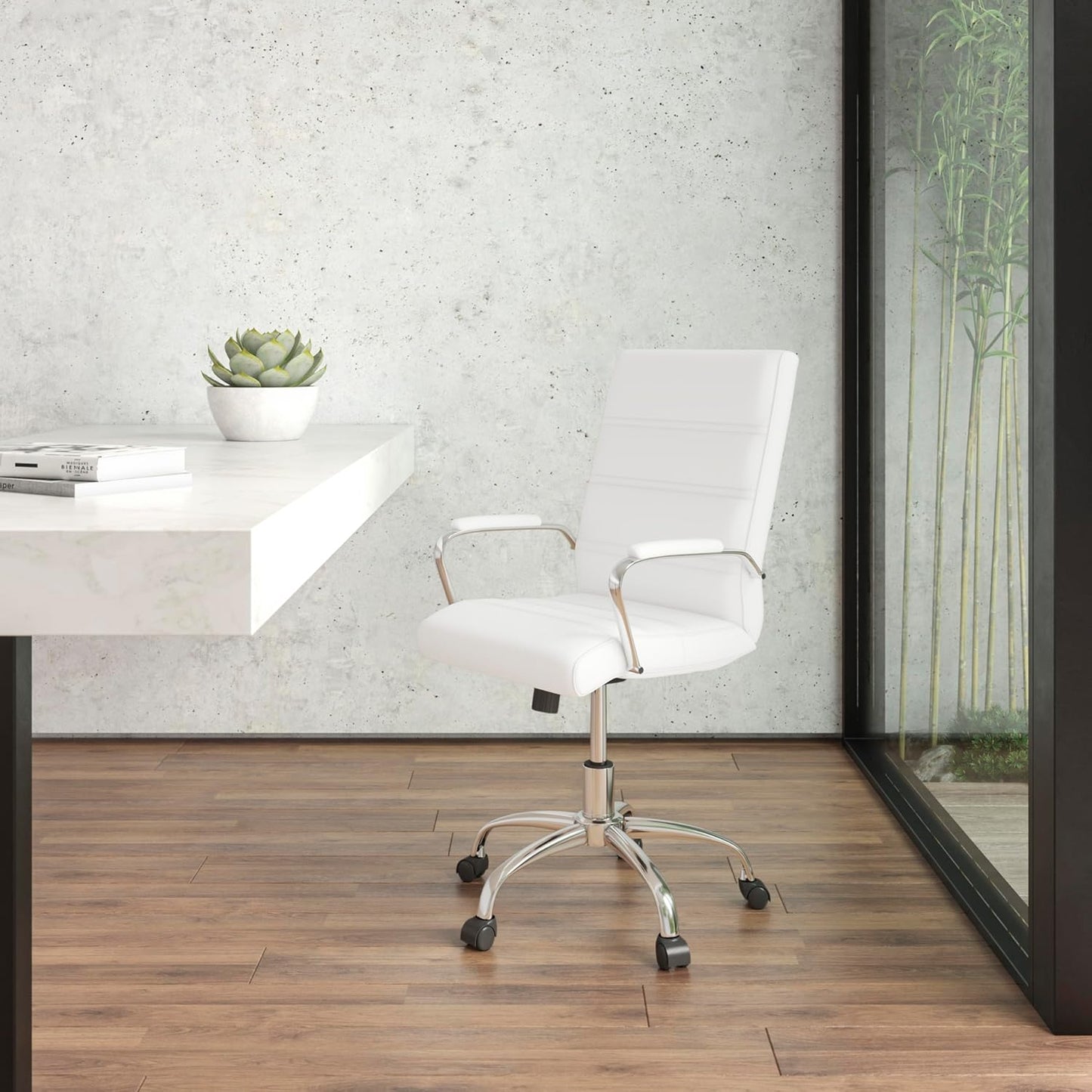 Flash Furniture Whitney Mid-Back Swivel LeatherSoft Desk Chair with Padded Seat and Armrests, Adjustable Height Padded Office Chair, White/Chrome