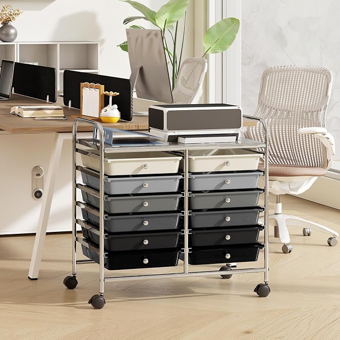 RELAX4LIFE 12-Drawer Rolling Storage Cart - Mobile Utility Cart on Wheels for School Classroom Teacher Office Salon, Paper File Art Supply Craft Organizer, Rolling Cart with Drawers (Gradient Black)